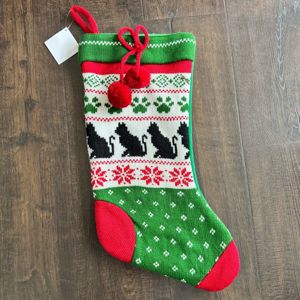 Christmas Cat Knit Holiday Stocking Hobby Lobby Green Cream‎ Red Print